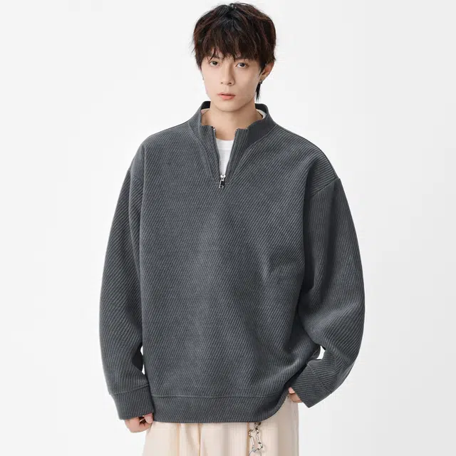 隐狼世家 立领套头男日系宽松拉链纯色复古春秋季外套情侣休闲卫衣 男款