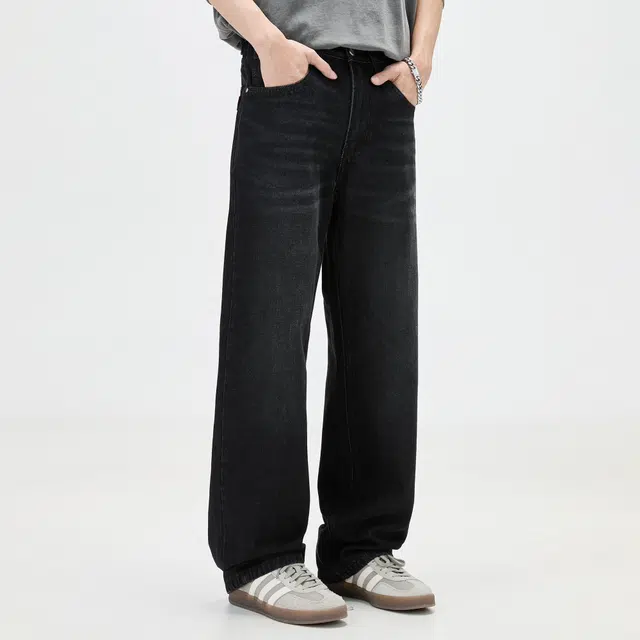 隐狼世家 纯棉阔腿男宽松美式水洗做旧重磅直筒长裤牛仔裤 男款