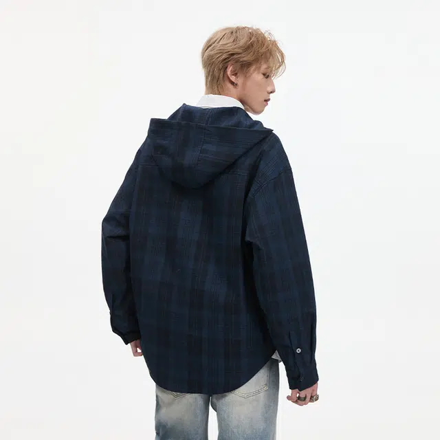 隐狼世家 美式连帽格子男士春秋潮牌复古拼色痞帅宽松外套衬衫 男款