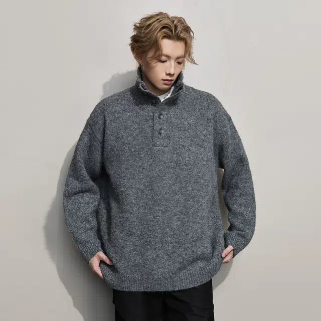 隐狼世家 软糯质感高领针织衫毛衣男秋冬半开襟纽扣慵懒宽松情侣外套卫衣 男款