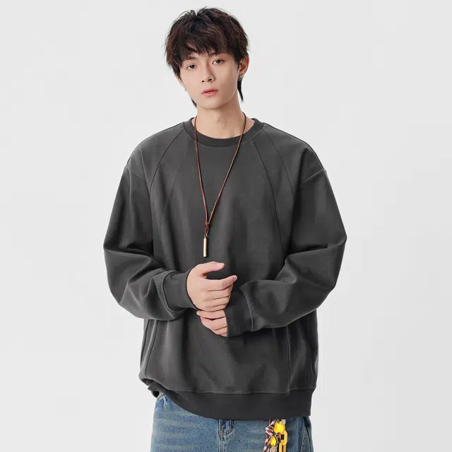 隐狼世家 男圆领宽松套头纯色日系复古拼接结构款春秋季百搭休闲卫衣 男款