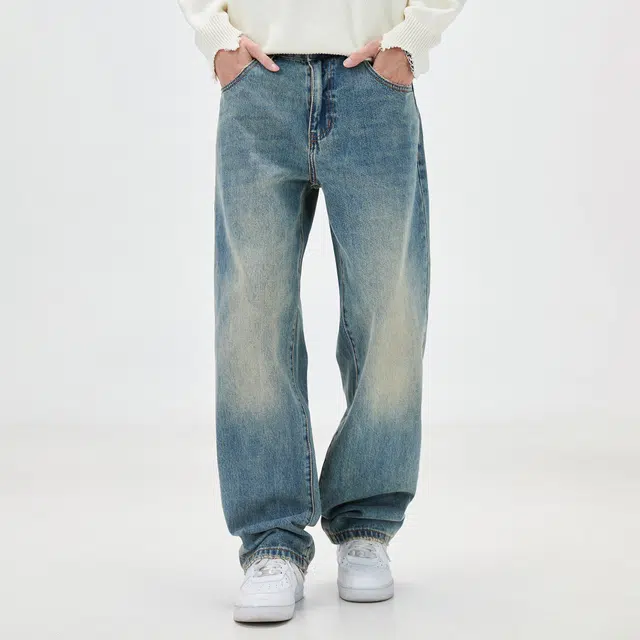 隐狼世家 美式复古水洗男宽松直筒阔腿休闲裤子牛仔裤 男款