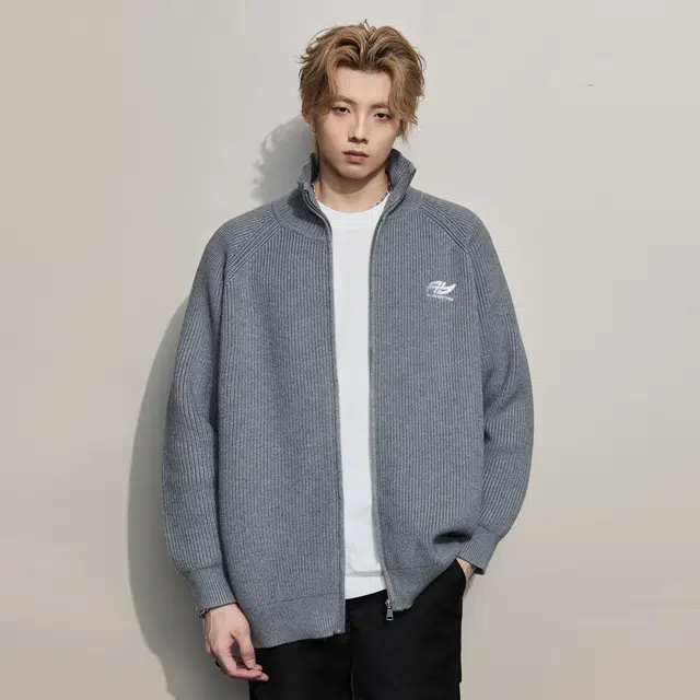 隐狼世家 字母刺绣立领针织开衫毛衣男秋冬美式复古潮牌情侣外套卫衣 男款