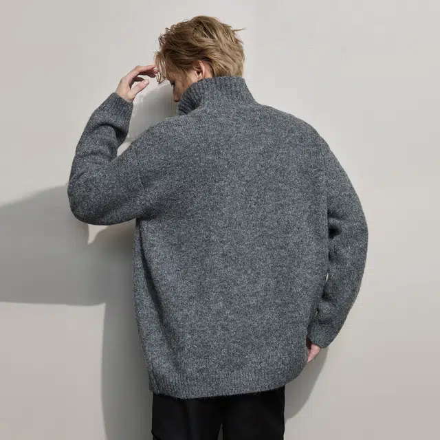 隐狼世家 软糯质感高领针织衫毛衣男秋冬半开襟纽扣慵懒宽松情侣外套卫衣 男款
