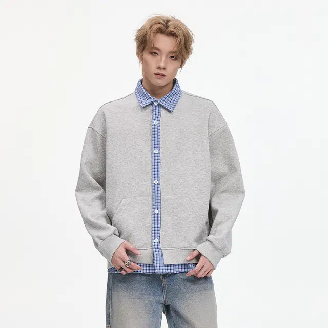隐狼世家 假两件格子拼接外套男潮牌秋季美式宽松学院风痞帅夹克开衫卫衣 男款