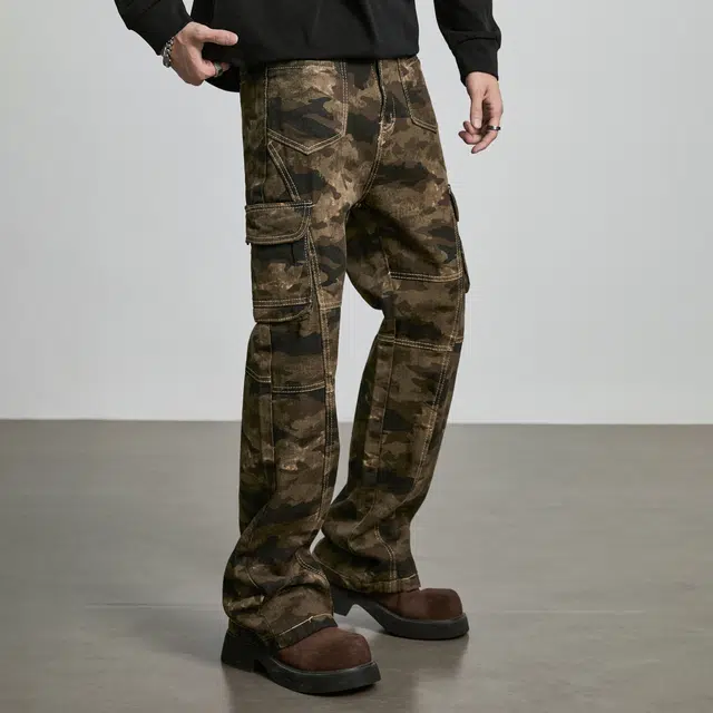 隐狼世家 美式复古男高街多口袋微喇修身显高休闲工装裤牛仔裤 男款