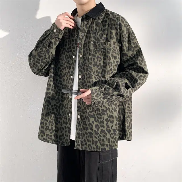 隐狼世家 豹纹长袖韩版潮流设计感小众港风痞帅日系衬衣外套帅气网红衬衫 男款