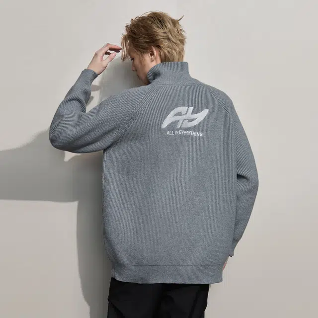 隐狼世家 字母刺绣立领针织开衫毛衣男秋冬美式复古潮牌情侣外套卫衣 男款