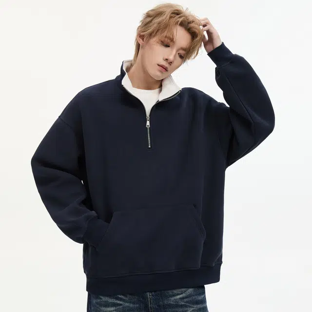 隐狼世家 纯色高领男秋季休闲宽松运动衫半拉链百搭情侣外套卫衣 男款