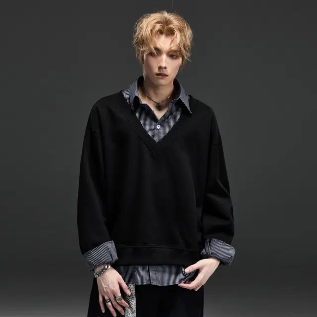 隐狼世家 假两件衬衫领拼接男秋季美式休闲宽松潮牌情侣外套卫衣 男款