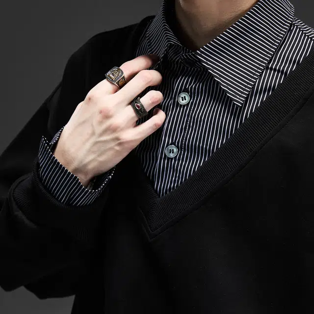 隐狼世家 假两件衬衫领拼接男秋季美式休闲宽松潮牌情侣外套卫衣 男款