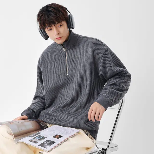 隐狼世家 针织男士春秋季套头拉链半开衫百搭日系复古纯色潮流情侣卫衣 男款