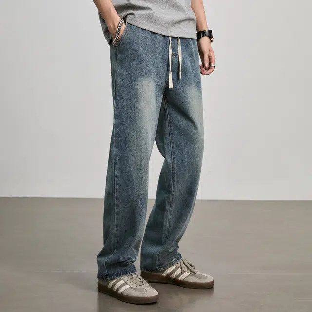 隐狼世家 复古男潮牌宽松水洗百搭直筒休闲阔腿裤牛仔裤 男款