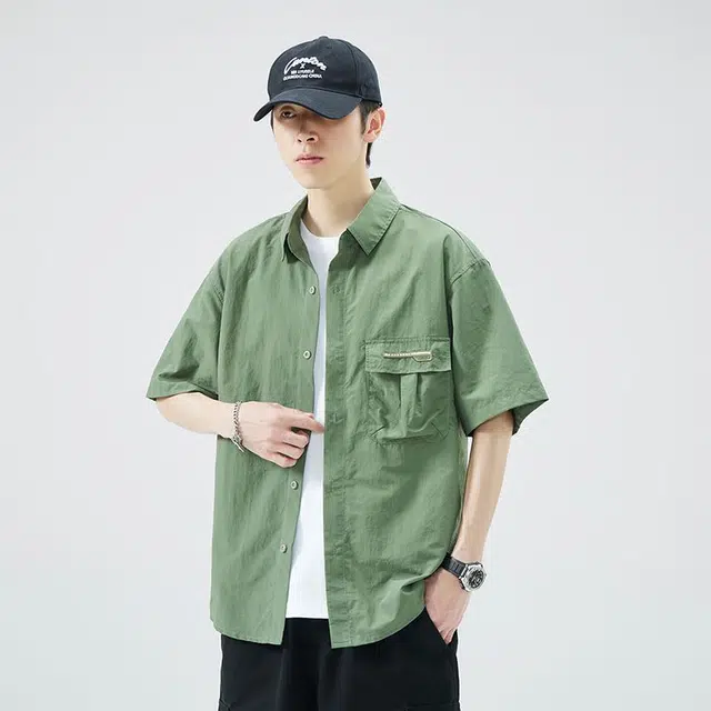 隐狼世家 薄款宽松透气叠穿日系休闲衬衣短袖衬衫 男款