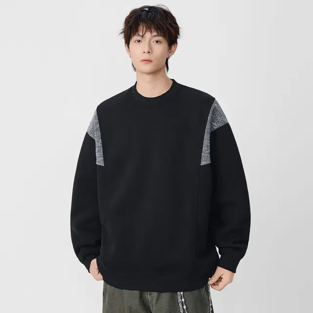 隐狼世家 春秋季圆领男宽松日系复古拼接套头打底衫情侣潮流百搭卫衣 男款