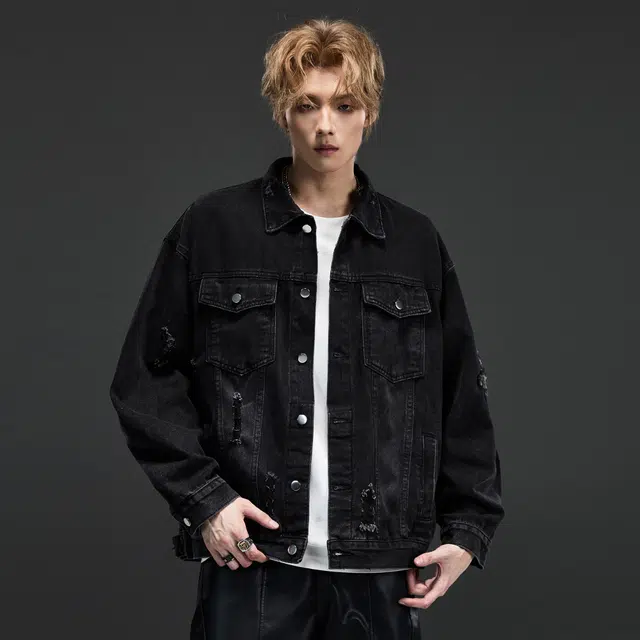 隐狼世家 破洞水洗牛仔外套男生秋季美式复古衣情侣潮牌夹克 男款