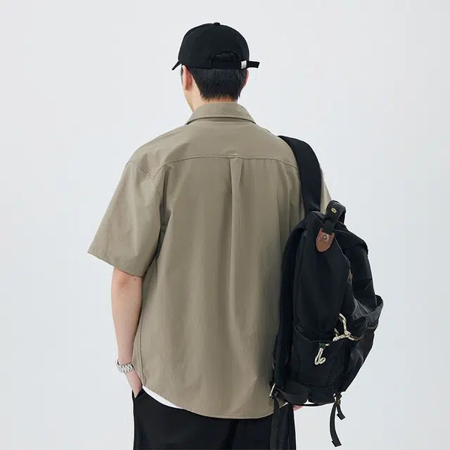 隐狼世家 夏季翻领宽松透气潮流时尚百搭开衫短袖衬衫 男款