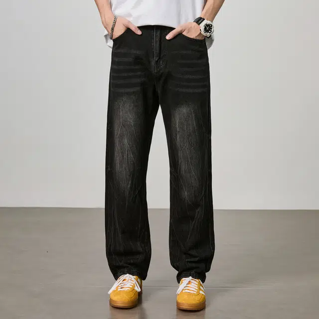 隐狼世家 闪电裂纹水洗男宽松潮流潮牌美式直筒微喇裤子牛仔裤 男款