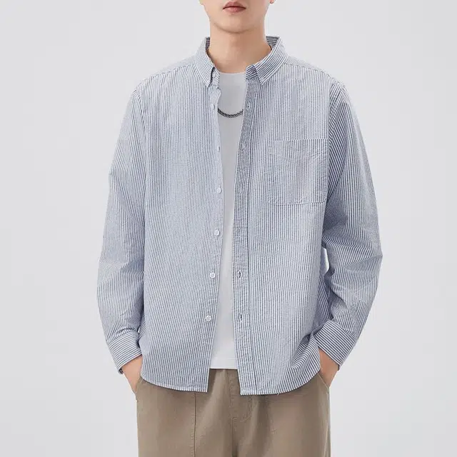 隐狼世家 蓝色条纹纯棉长袖翻领宽松型衬衫 男款