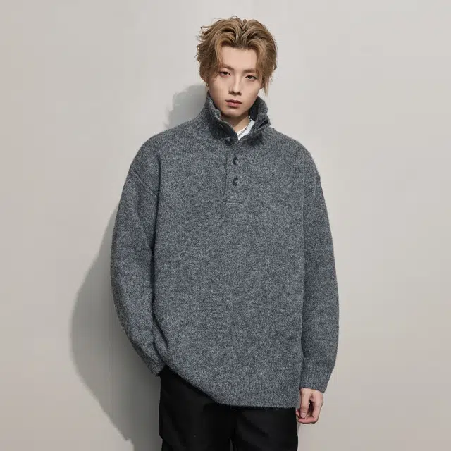 隐狼世家 软糯质感高领针织衫毛衣男秋冬半开襟纽扣慵懒宽松情侣外套卫衣 男款