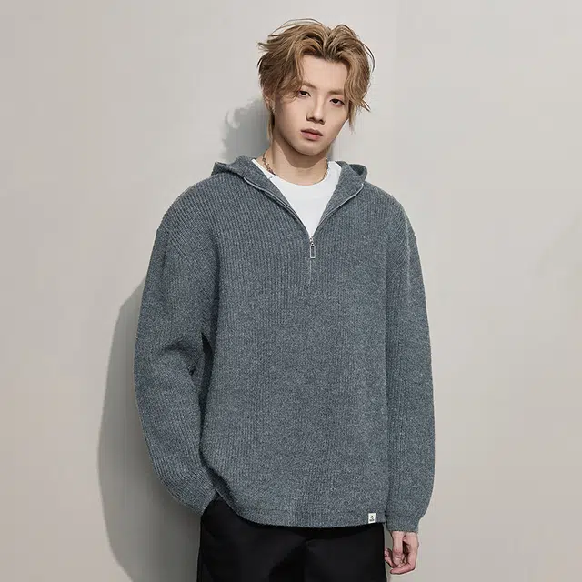 隐狼世家 针织衫男秋季潮牌美式复古慵懒风半拉链宽松连帽毛衣卫衣 男款