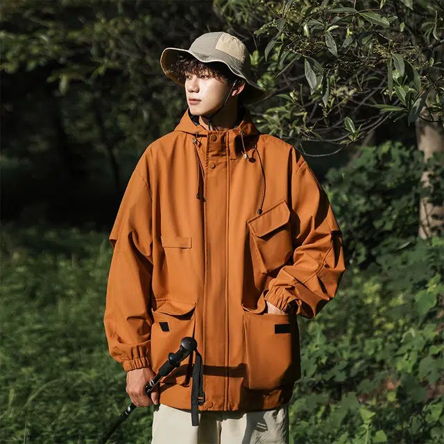 隐狼世家 秋季户外防水工装男女中性多口袋连帽外套日系潮牌机能冲锋衣夹克 男款
