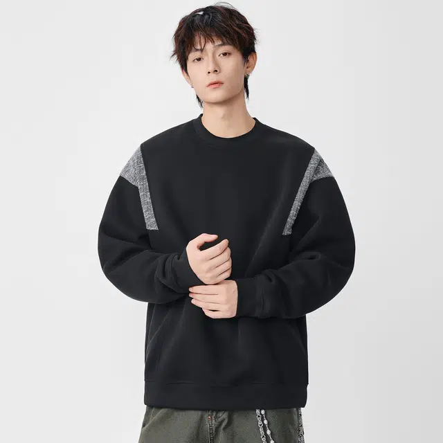 隐狼世家 春秋季圆领男宽松日系复古拼接套头打底衫情侣潮流百搭卫衣 男款