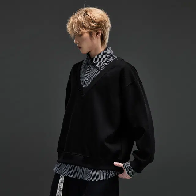 隐狼世家 假两件衬衫领拼接男秋季美式休闲宽松潮牌情侣外套卫衣 男款