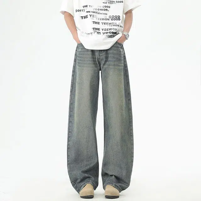 隐狼世家 春夏宽松弯刀潮牌美式复古水洗休闲百搭长裤子牛仔裤 男款