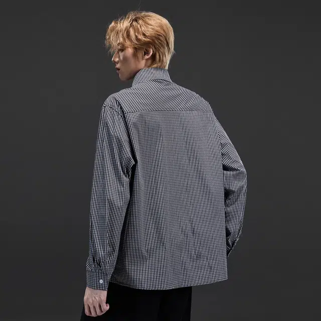 隐狼世家 假领带格子长袖男生秋季高智通勤衬衣美式复古潮牌上衣衬衫 男款