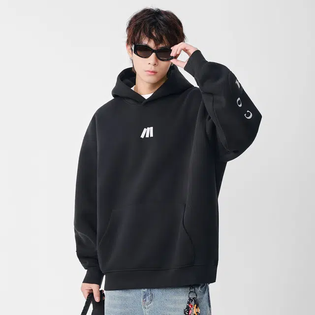 隐狼世家 连帽套头男刺绣宽松春秋季休闲百搭帽衫日系复古潮牌情侣上衣卫衣 男款