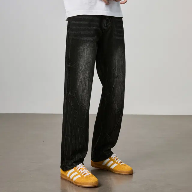 隐狼世家 闪电裂纹水洗男宽松潮流潮牌美式直筒微喇裤子牛仔裤 男款