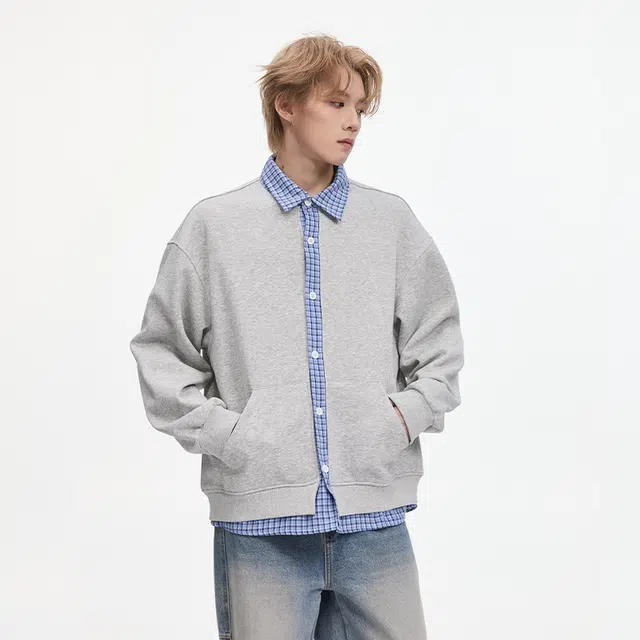 隐狼世家 假两件格子拼接外套男潮牌秋季美式宽松学院风痞帅夹克开衫卫衣 男款