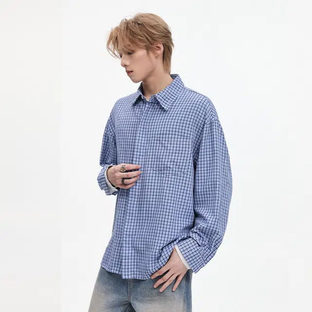 隐狼世家 拼接条纹纯棉长袖衬衣男秋季高级感慵懒松弛格子外套衬衫 男款