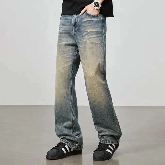 隐狼世家 美式复古男士宽松直筒水洗做旧阔腿长裤子牛仔裤 男款