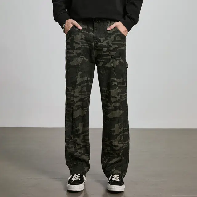 隐狼世家 迷彩男士潮牌美式复古高街百搭宽松微喇工装裤牛仔裤 男款