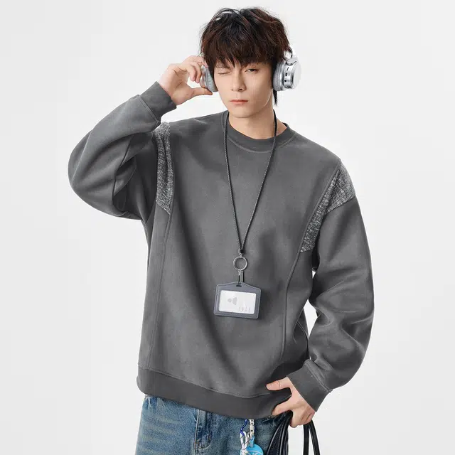隐狼世家 春秋季圆领男宽松日系复古拼接套头打底衫情侣潮流百搭卫衣 男款