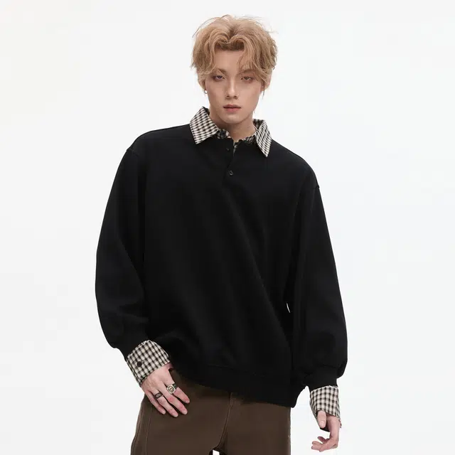隐狼世家 复古假两件衬衫拼接翻领男生秋季潮牌宽松情侣休闲外套卫衣 男款