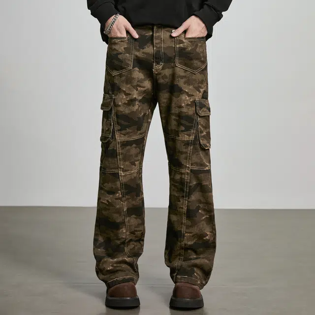 隐狼世家 美式复古男高街多口袋微喇修身显高休闲工装裤牛仔裤 男款