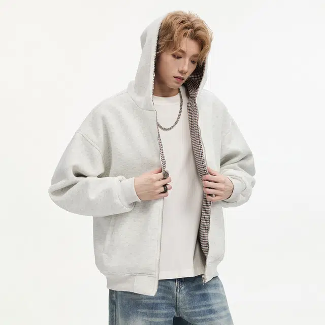 隐狼世家 两面穿连帽男秋季千鸟格情侣开衫宽松休闲拉链外套卫衣 男款