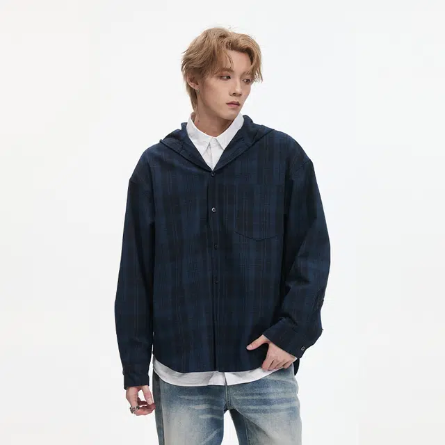 隐狼世家 美式连帽格子男士春秋潮牌复古拼色痞帅宽松外套衬衫 男款