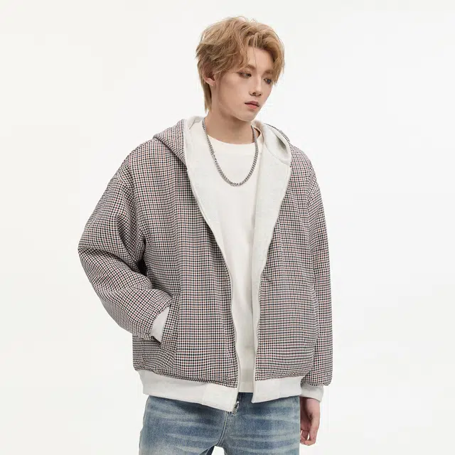 隐狼世家 两面穿连帽男秋季千鸟格情侣开衫宽松休闲拉链外套卫衣 男款