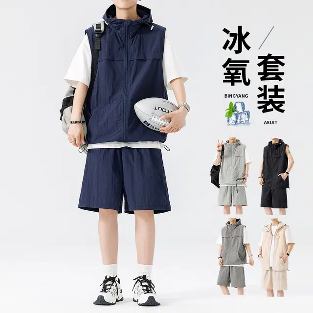 隐狼世家 冰丝短袖夏季潮牌美式一整套宽松衣服帅休闲运动套装 男款