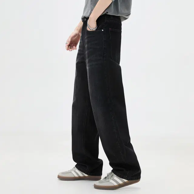 隐狼世家 纯棉阔腿男宽松美式水洗做旧重磅直筒长裤牛仔裤 男款