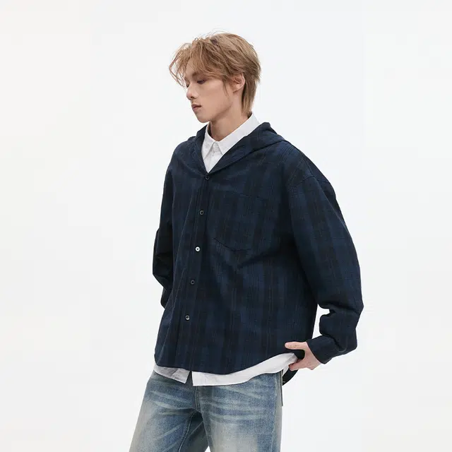 隐狼世家 美式连帽格子男士春秋潮牌复古拼色痞帅宽松外套衬衫 男款