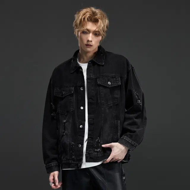 隐狼世家 破洞水洗牛仔外套男生秋季美式复古衣情侣潮牌夹克 男款