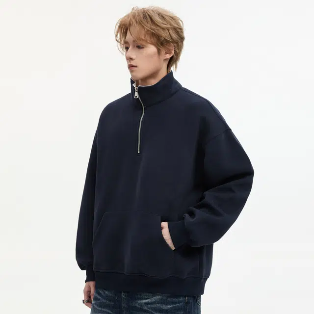 隐狼世家 纯色高领男秋季休闲宽松运动衫半拉链百搭情侣外套卫衣 男款