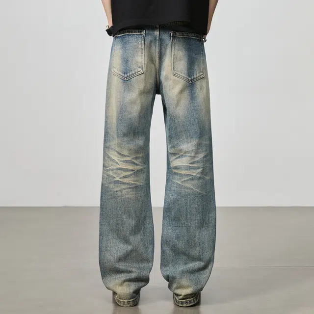 隐狼世家 美式复古男士宽松直筒水洗做旧阔腿长裤子牛仔裤 男款
