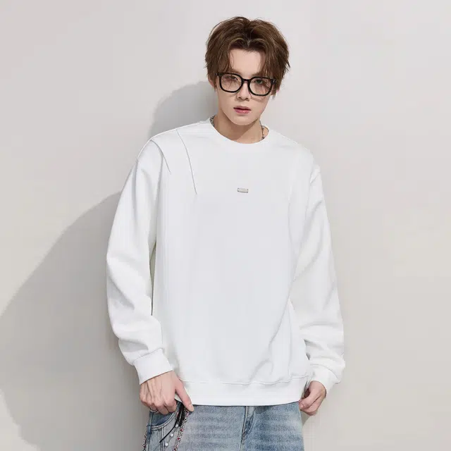 隐狼世家 褶皱落肩长袖秋季潮牌重磅上衣情侣宽松大码圆领外套卫衣 男款