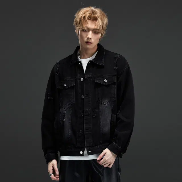 隐狼世家 潮牌复古做旧水洗牛仔男秋季高街宽松情侣百搭破洞外套夹克 男款